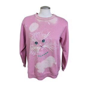 Vintage Womens Large Sweatshirt Kitty Cat Face Powder Pink Sparkle Puffy Paint